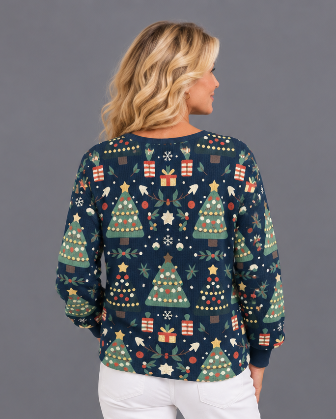 Women's Christmas Jumper – Nordic Tree & Gift Print Waffle Knit Henley