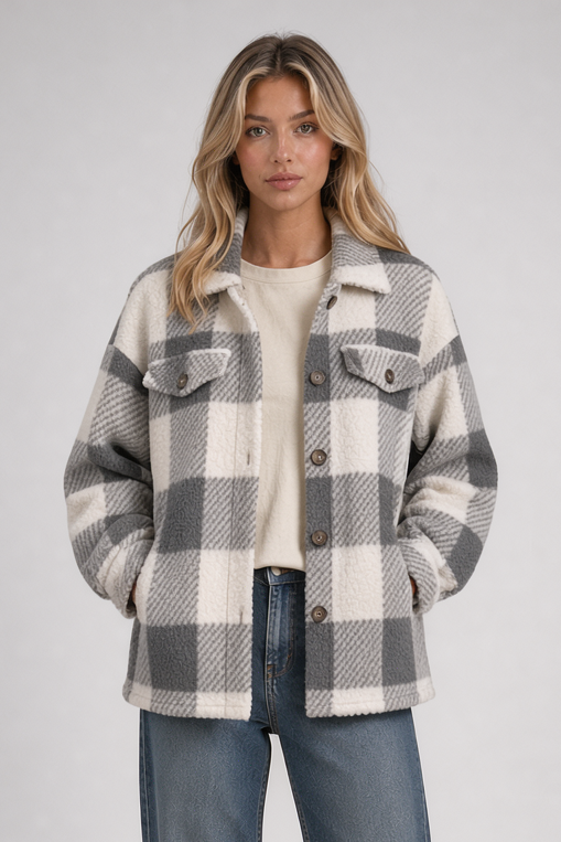 Isla women's check shacket in grey – front view