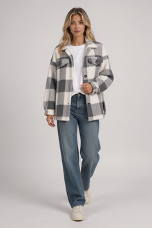 Isla women's check shacket in grey – walking view