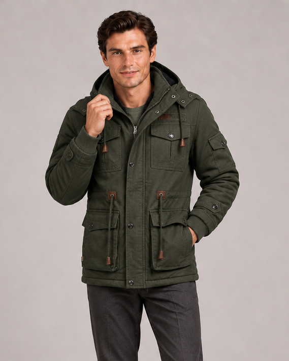 Men's army green hooded thermal fleece jacket