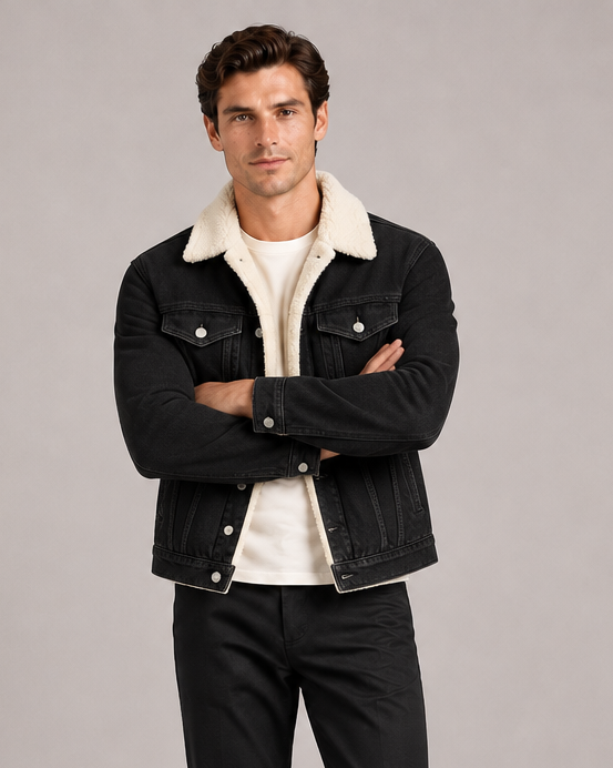 Men's black fleece-lined denim jacket