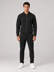 Men's black textured full zip tracksuit set – front view