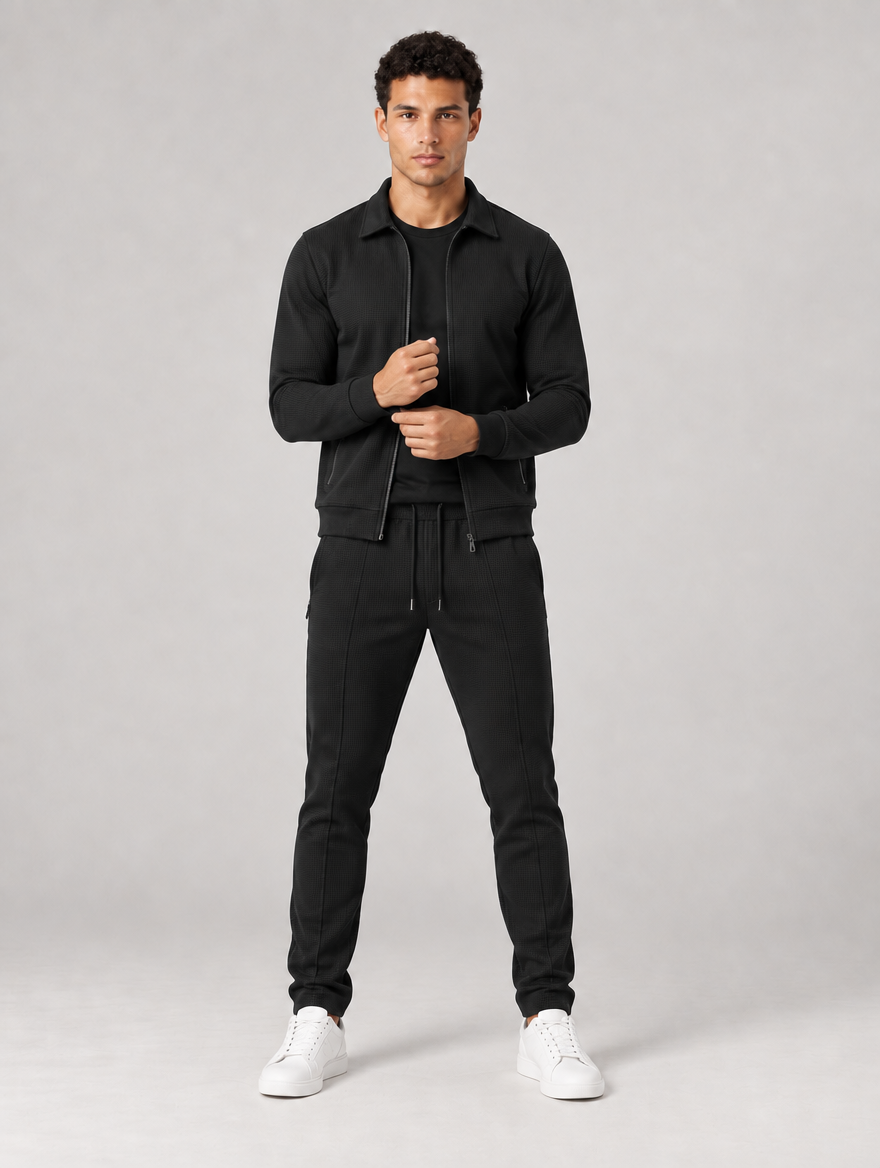 Men's black textured tracksuit set – open jacket view