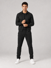 Men's black textured tracksuit set – open jacket view