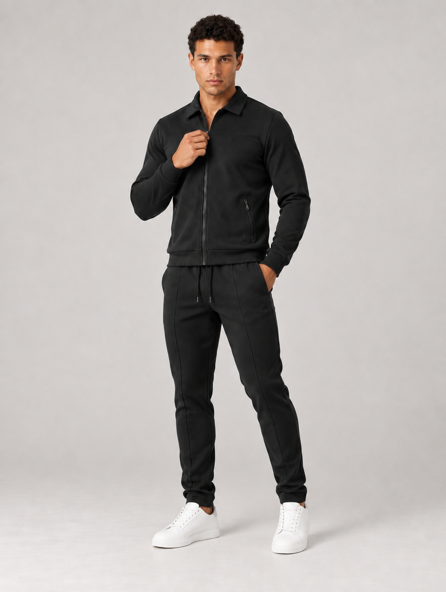 Men's black textured tracksuit set – open jacket view