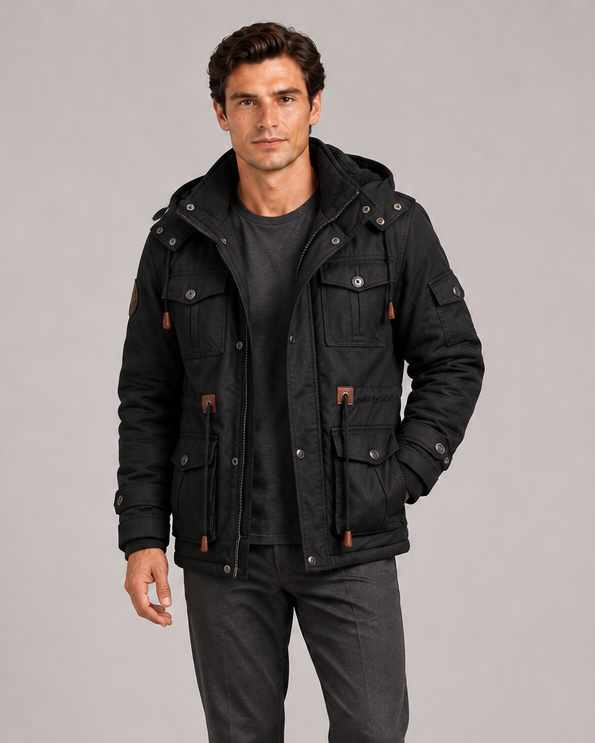 Men's black hooded thermal fleece jacket