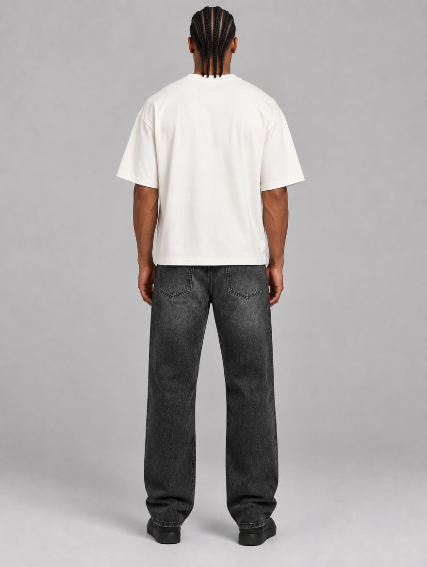 Men's black vintage wash relaxed straight-leg jeans – front view