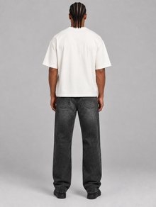 Men's black vintage wash relaxed straight-leg jeans – rear view