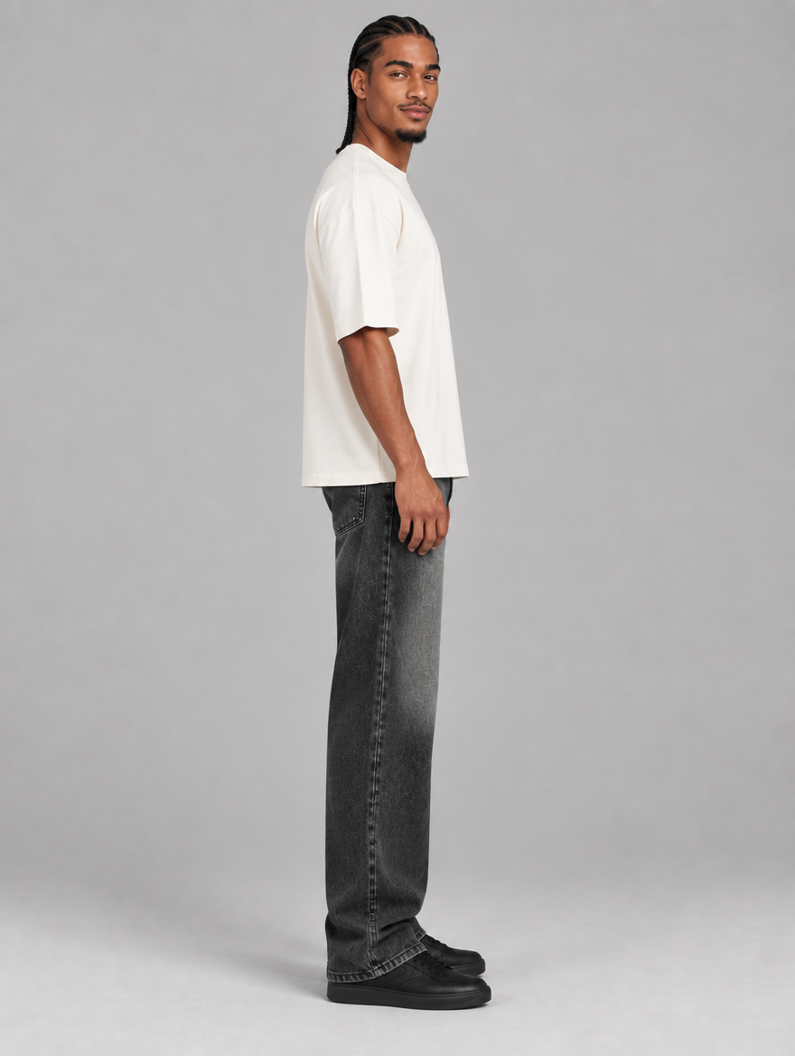 Men's black vintage wash relaxed straight-leg jeans – side view