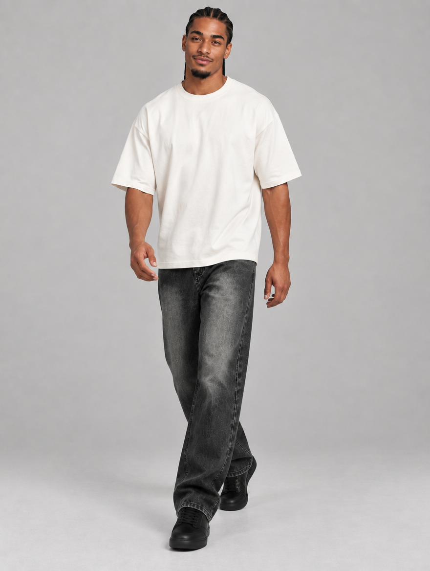 Men's black vintage wash relaxed straight-leg jeans – walking view