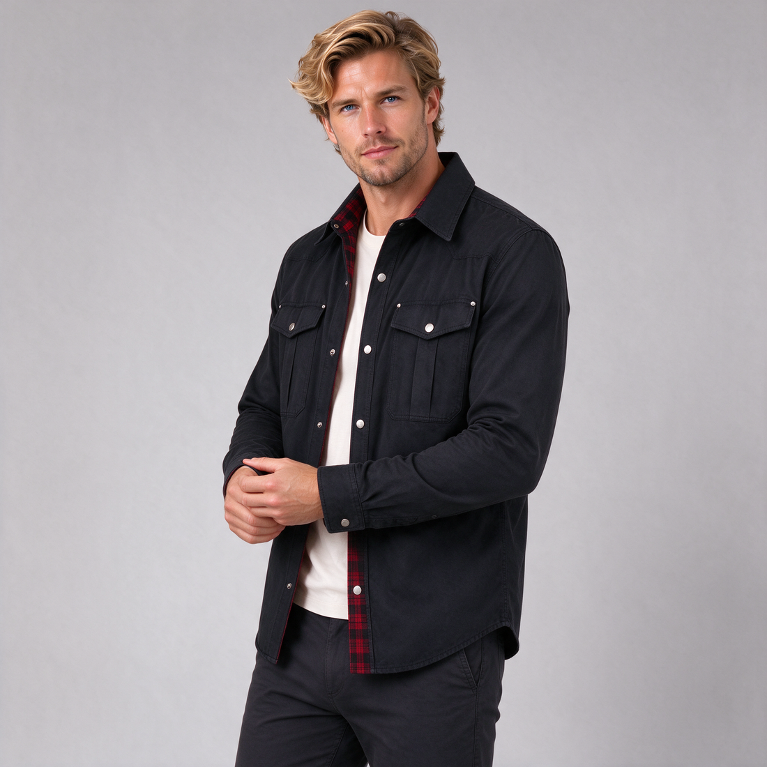 Men's black brushed cotton overshirt alternate pose