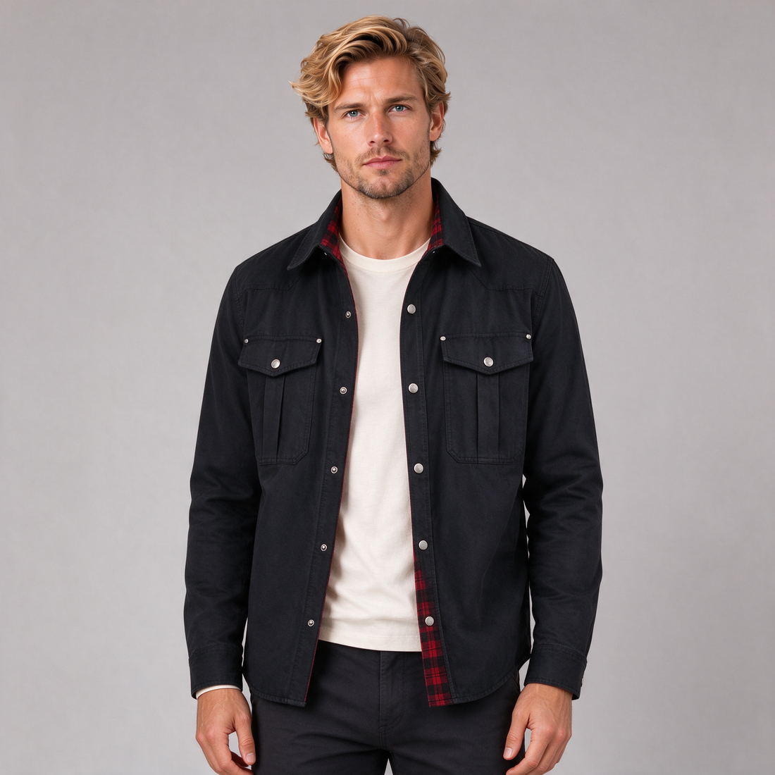 Men's black brushed cotton overshirt front view