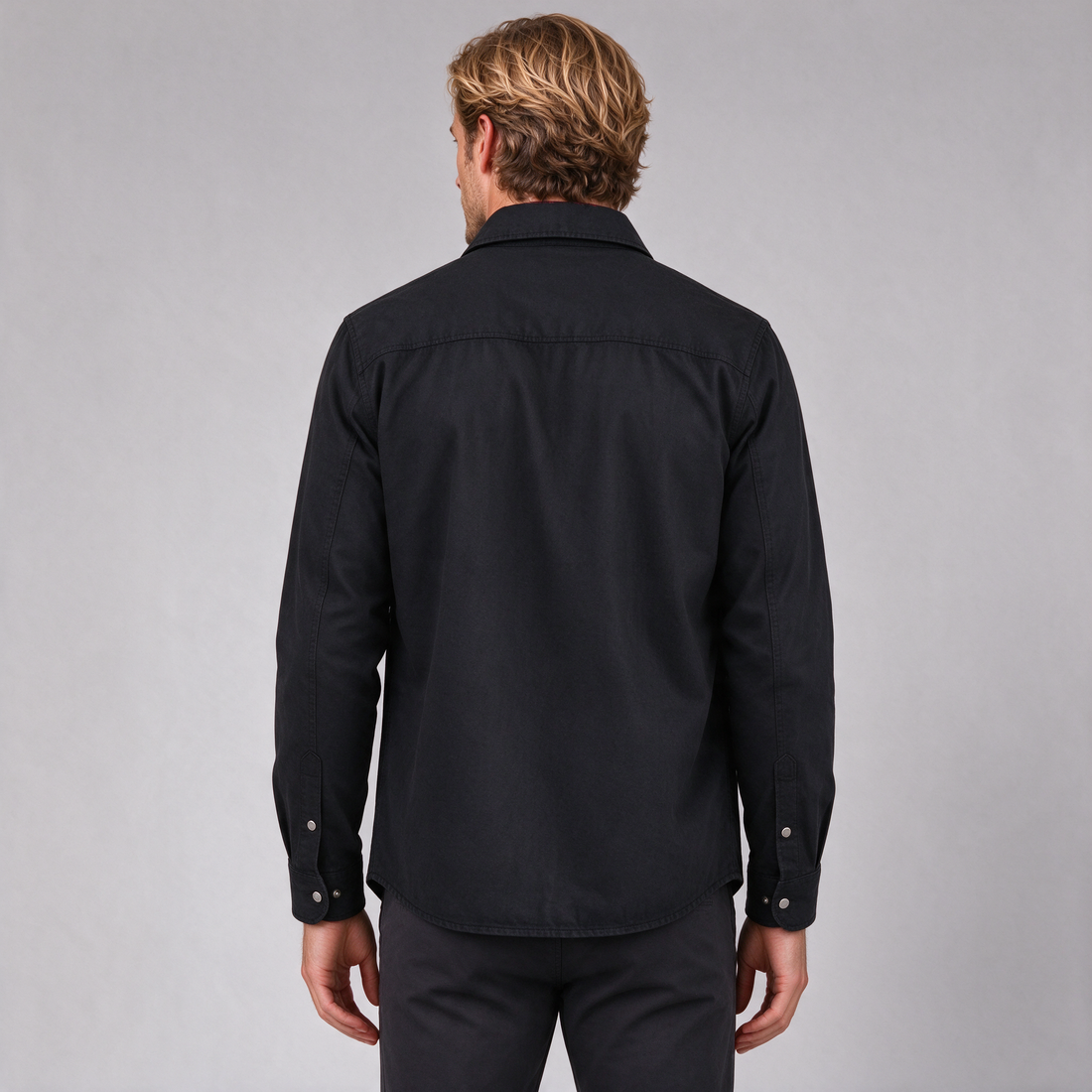 Men's black brushed cotton overshirt rear view