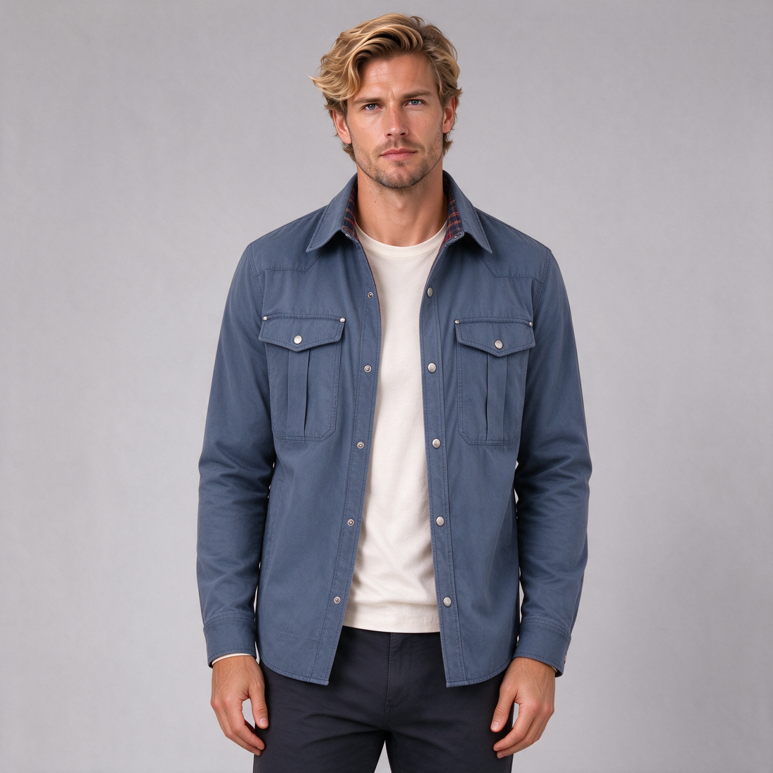 Men's blue brushed cotton overshirt