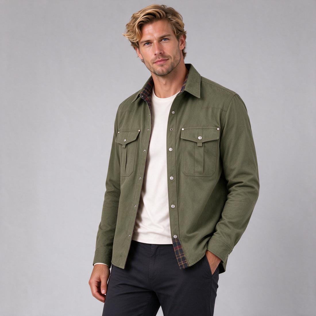 Men's green brushed cotton overshirt