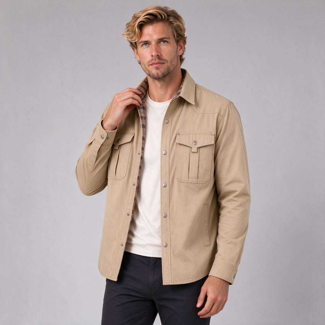 Men's khaki brushed cotton overshirt