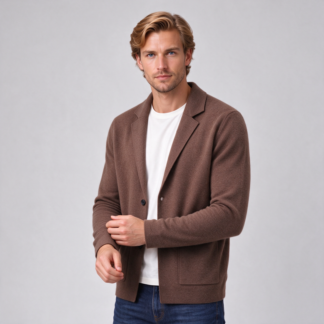 Men's chestnut brown cashmere blazer cardigan, front view