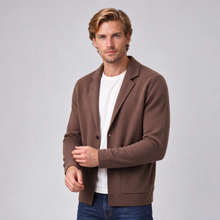 Men's chestnut brown cashmere blazer cardigan, alternate studio view