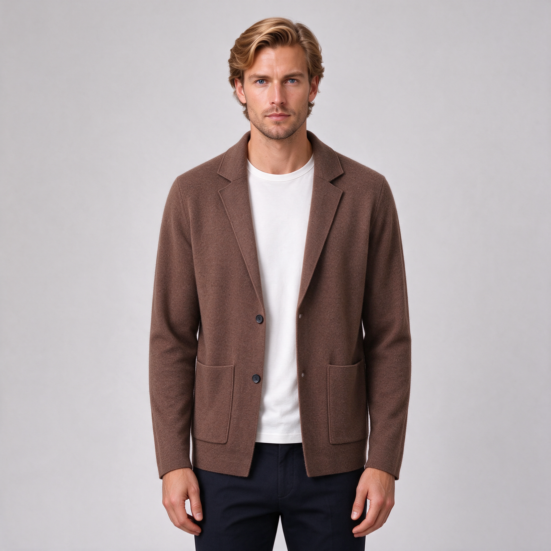 Men's chestnut brown cashmere blazer cardigan, front view