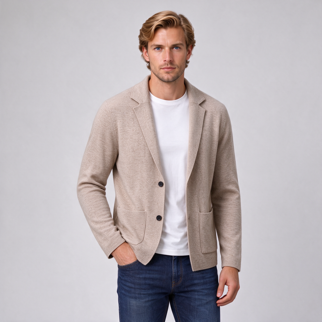 Men's sandstone beige cashmere blazer cardigan