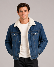Men's dark blue fleece-lined denim jacket – front view