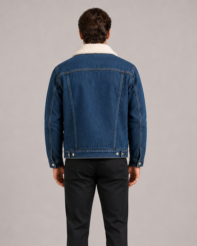 Men's dark blue fleece-lined denim jacket – front view