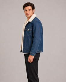 Men's dark blue fleece-lined denim jacket – side view