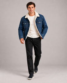 Men's dark blue fleece-lined denim jacket – walking view