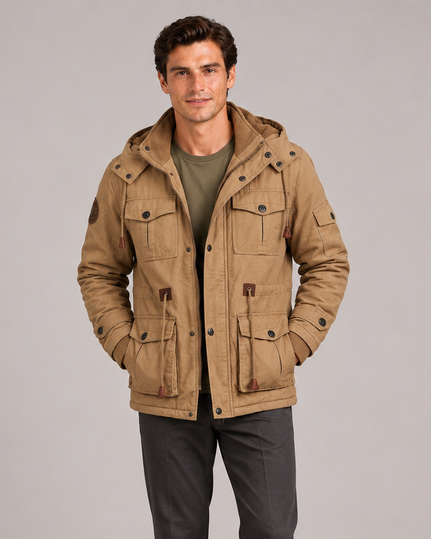 Men's khaki hooded thermal fleece jacket – front view