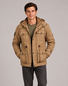Men's khaki hooded thermal fleece jacket – front view