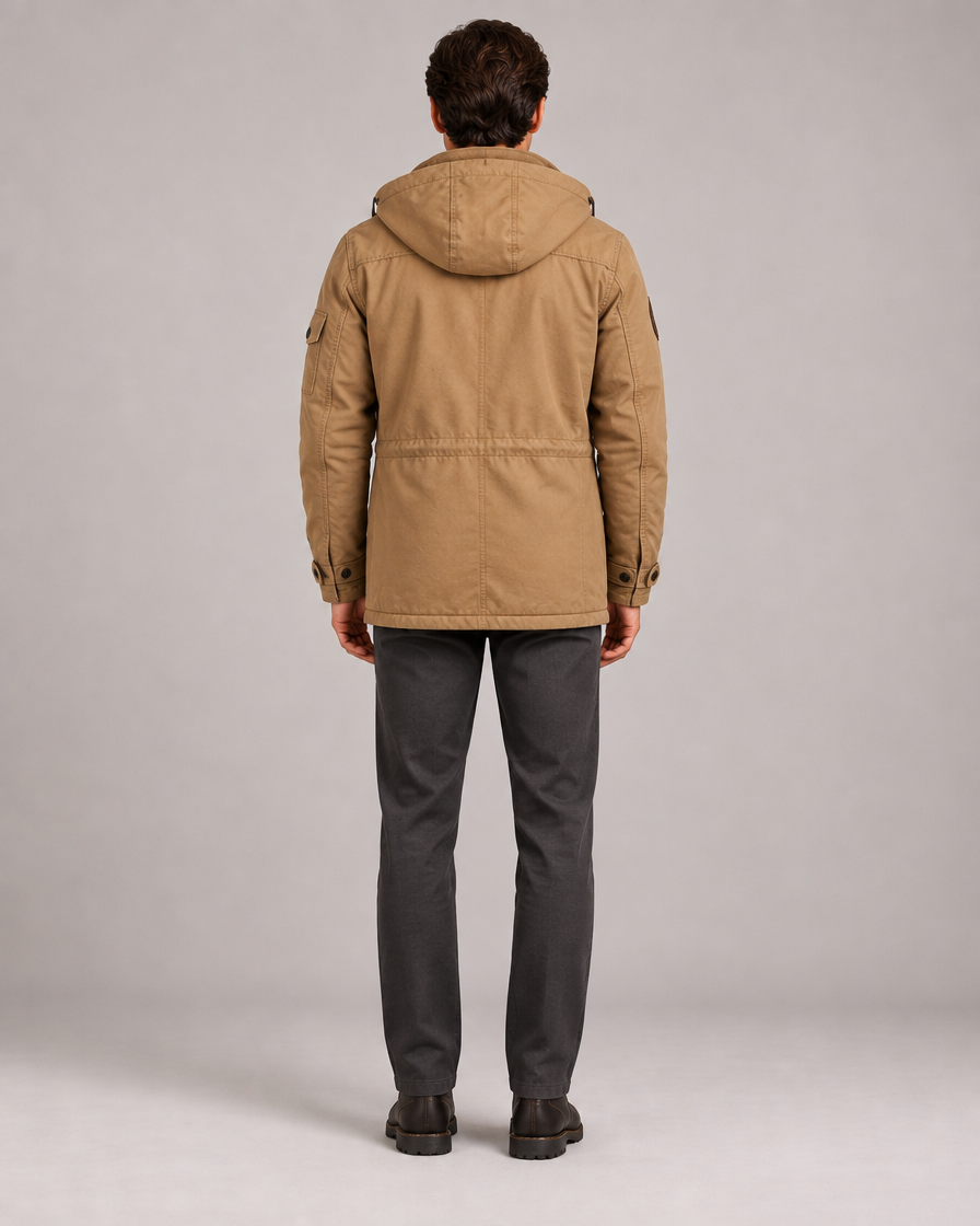 Men's khaki hooded thermal fleece jacket – front view
