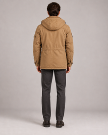 Men's khaki hooded thermal fleece jacket – rear view