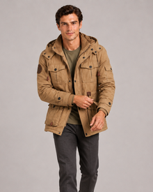 Men's khaki hooded thermal fleece jacket – walking view