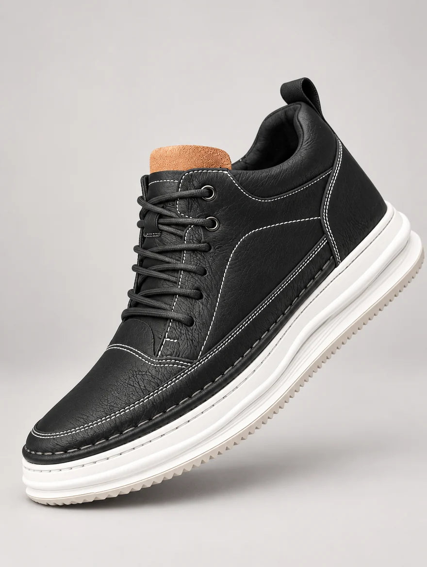 Men's Cushioned Faux Leather Trainers in Black