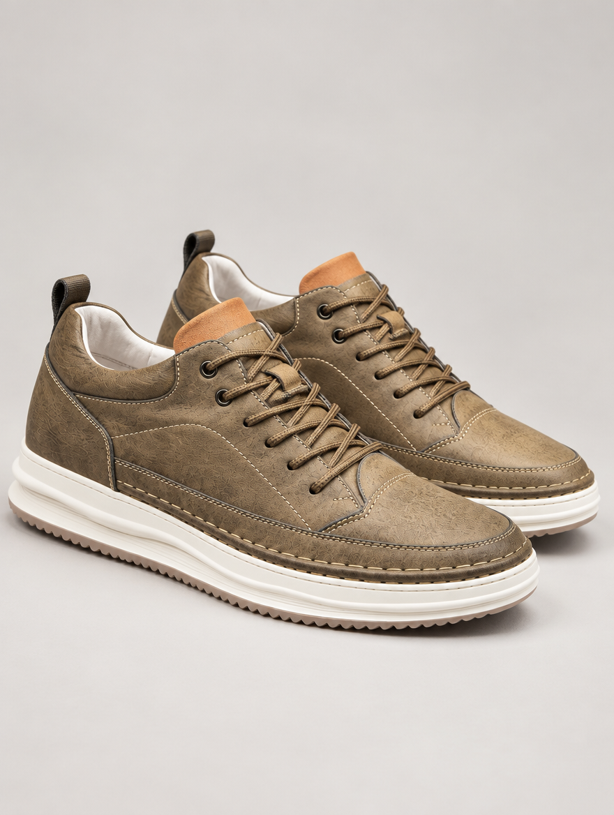 Men's Cushioned Faux Leather Trainers in Khaki – view 3