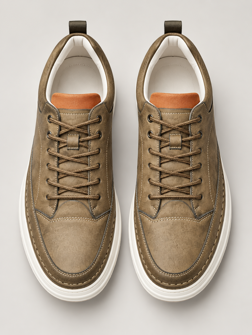 Men's Cushioned Faux Leather Trainers in Khaki – view 2