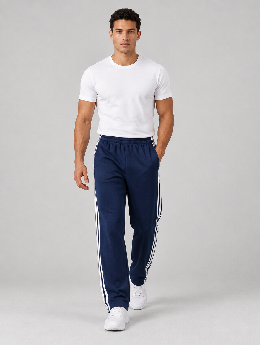 Men's navy relaxed fit tracksuit bottoms – three-quarter view