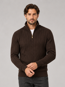 Men's Cotton Quarter Zip Jumper in Brown