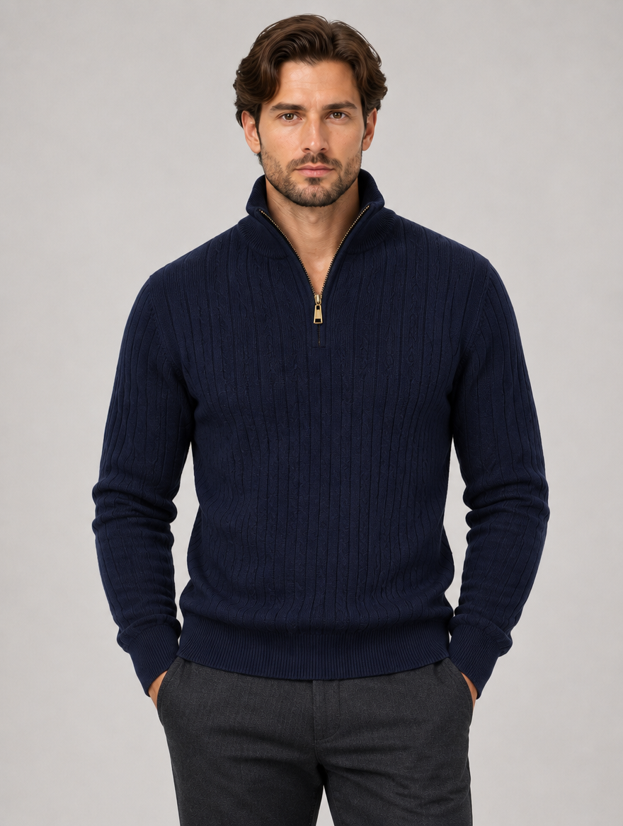 Men's Cotton Quarter Zip Jumper in Navy – view 4