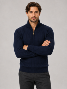 Men's Cotton Quarter Zip Jumper in Navy – view 2