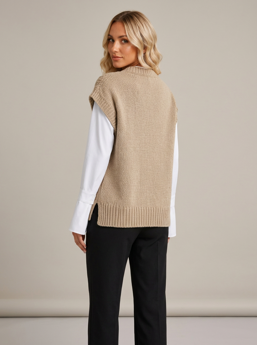 Woman wearing khaki cable knit round neck sweater vest, front view
