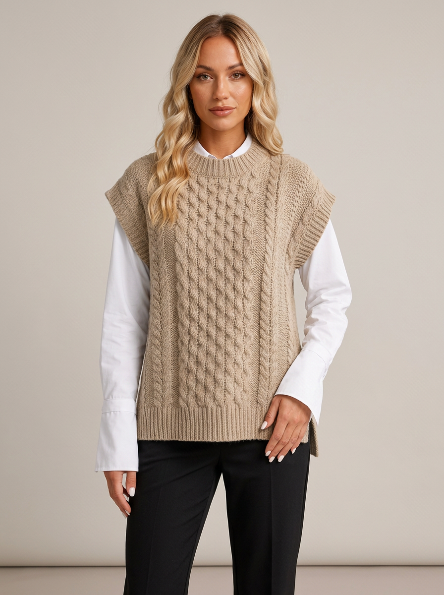 Woman wearing khaki cable knit round neck sweater vest, front view