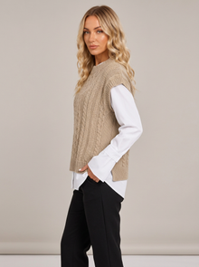 Khaki cable knit sweater vest, side view