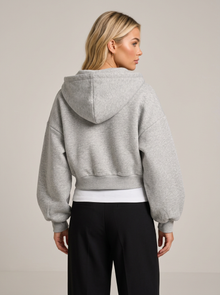 Flower grey cropped zip-up hoodie, back view