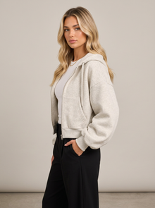 Flower grey cropped zip-up hoodie, side view