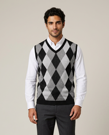 Men's black argyle knit sweater vest with V-neck, front view