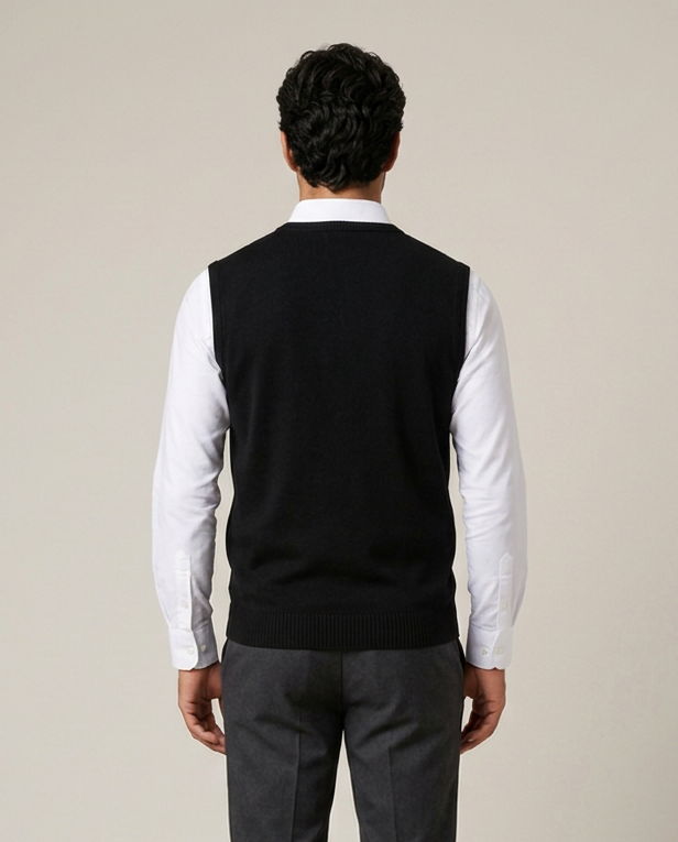 Men's black argyle knit sweater vest, back view