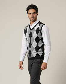 Men's black argyle knit sweater vest, side view