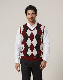 Men's burgundy argyle knit sweater vest with V-neck