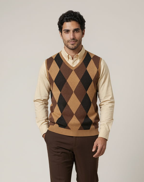 Men's brown argyle knit sweater vest with V-neck
